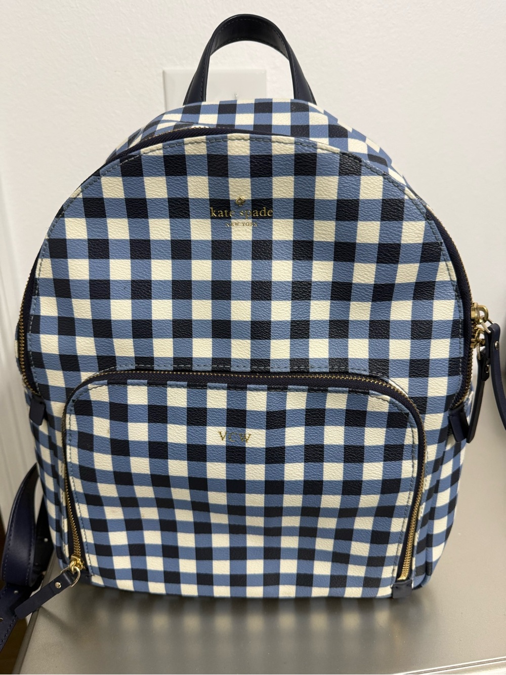 kate spade navy and white gingham backpack